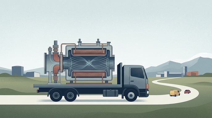 Un camión transporta una trampa criogénica de antimateria por una carretera del campus del CERN, con montañas de fondo.