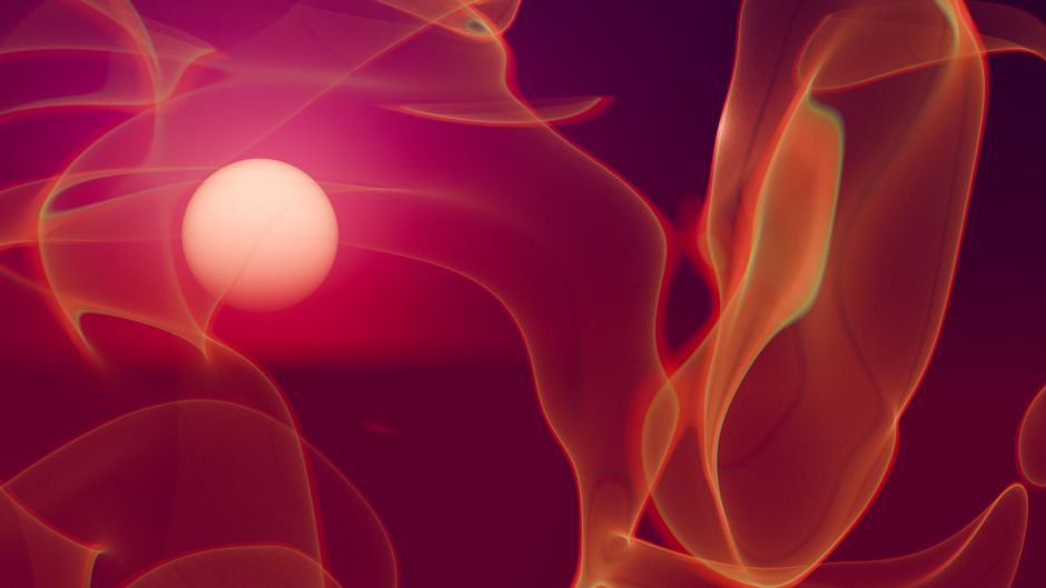 Una imagen abstracta hipnotizante con ondas brillantes y un orbe de luz suave sobre un fondo vibrante.
