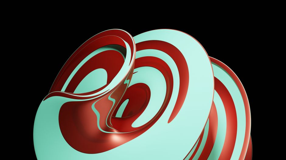 Forma abstracta 3D dinámica con remolinos rojos y aguamarina sobre un fondo negro.