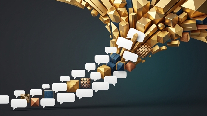 Ilustración abstracta en 3D: burbujas de chat se transforman en una explosión de bloques geométricos dorados, simbolizando ingresos.