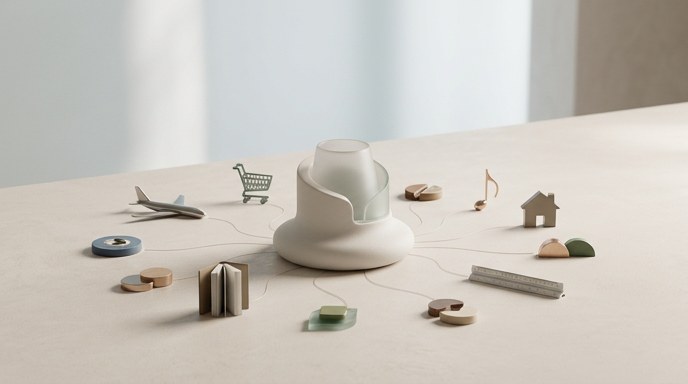 Bodegón minimalista que representa un núcleo digital conectado a iconos de servicios como viajes, compras y música.