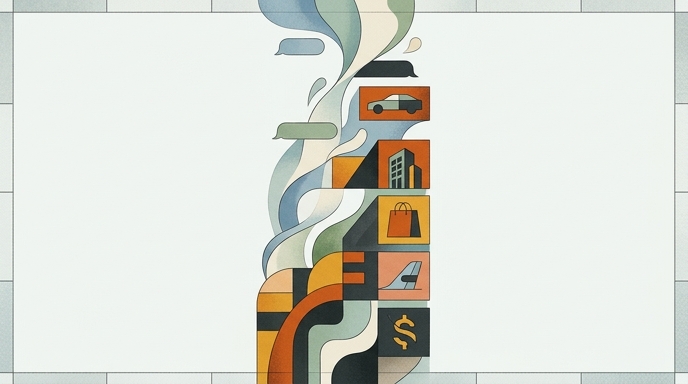 Ilustración editorial que muestra un flujo de conversación digital interrumpido por bloques de anuncios comerciales segmentados.