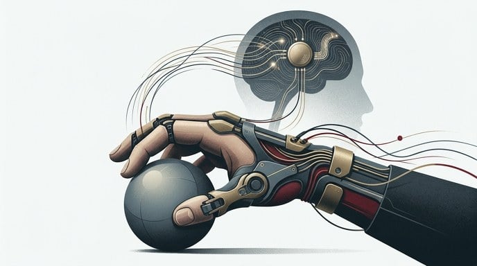 Ilustración de una mano robótica controlada por un implante cerebral para recuperar el movimiento.