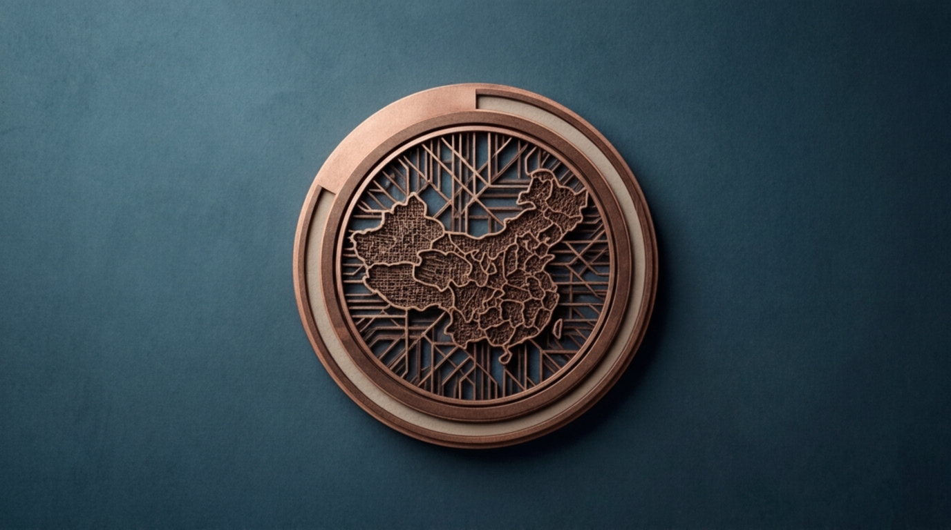 Un emblema de cobre grabado con un mapa de China y trazos de circuitos sobre un fondo azul oscuro.