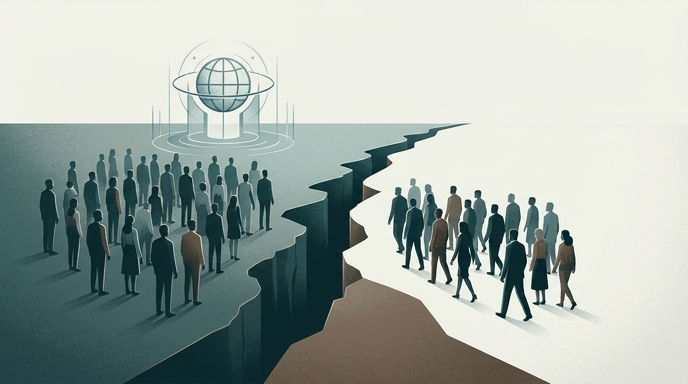 Ilustración editorial mostrando un cisma: investigadores de IA divididos por un abismo, un grupo se aleja de una conferencia global.