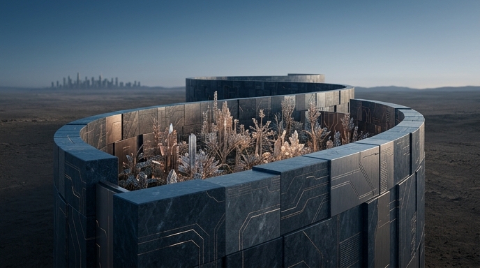 Una estructura amurallada moderna que contiene formaciones digitales similares a plantas, simbolizando la contención de la IA china.