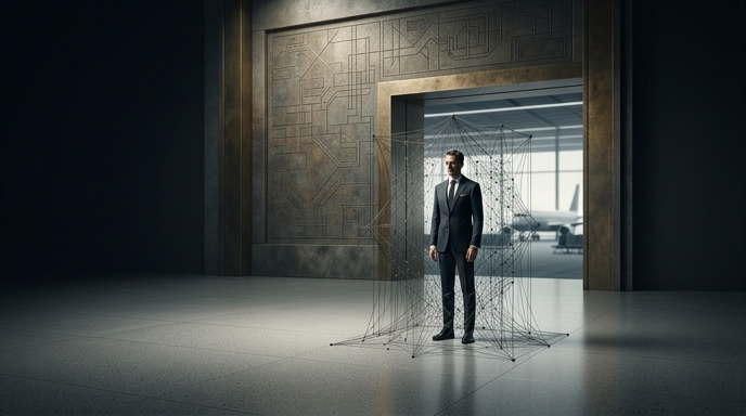 ** Un ejecutivo atrapado en una red simbólica de datos frente a la puerta de embarque de un aeropuerto, representando restricciones de viaje.