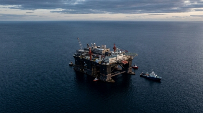 Vista aérea de una enorme plataforma de investigación flotante china en alta mar con buques de apoyo.