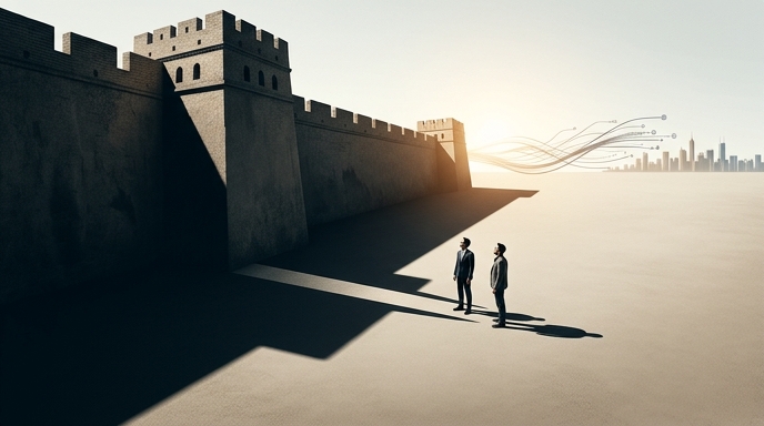 Sombra del Gran Muro sobre fundadores de IA, simbolizando restricciones de viaje y confinamiento.