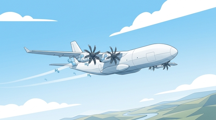 Un avión de carga propulsado por hidrógeno volando en un cielo azul despejado con símbolos H2.