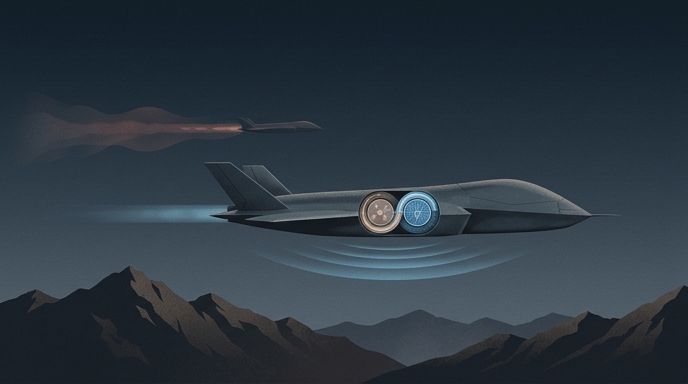 Ilustración de un dron militar sigiloso que cambia a propulsión eléctrica sobre montañas, con un jet ruidoso detrás.