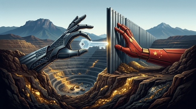 Dos manos robóticas, una con la bandera de EE. UU. sosteniendo una llave y otra con la de China bloqueada por un muro, sobre una mina de oro.