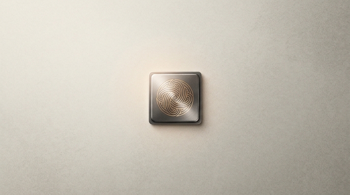 Un microchip de metal con un grabado intrincado dorado en el centro, sobre un fondo texturizado neutro.