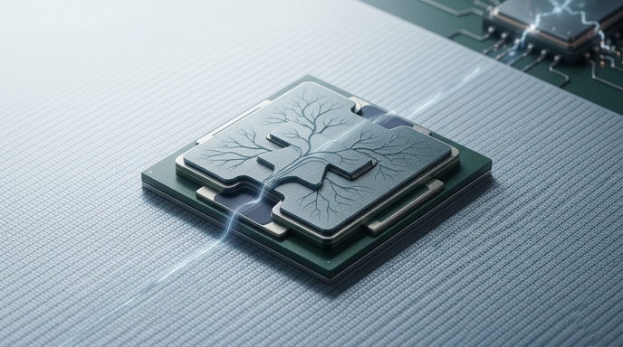 Un chip de IA eficiente con un grabado en forma de árbol que representa conexiones neuronales y ahorro de energía.