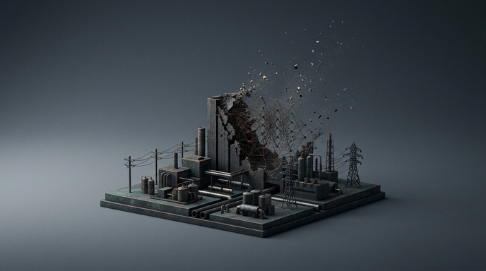 ** Una ilustración de estilo maqueta industrial desintegrándose en una red de nodos y fragmentos voladores.