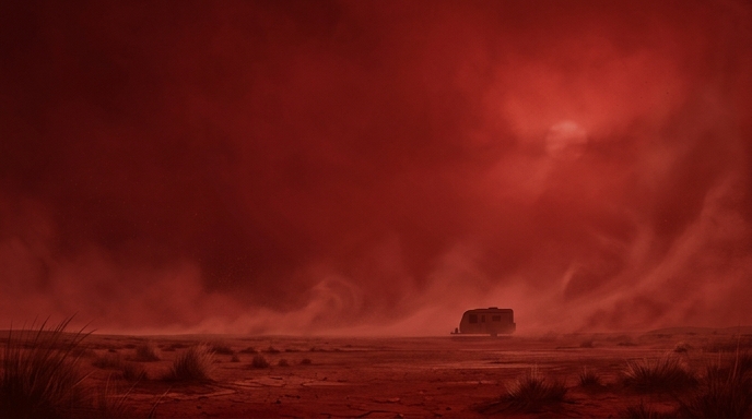Un cielo carmesí profundo y lleno de polvo sobre un paisaje desértico de Australia Occidental, con una pequeña caravana en el horizonte.