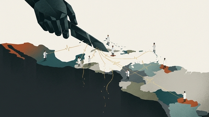 «Una ilustración editorial que muestra una mano mecánica cortando los hilos de conexión médica entre Cuba y otros países latinoamericanos en un mapa.»