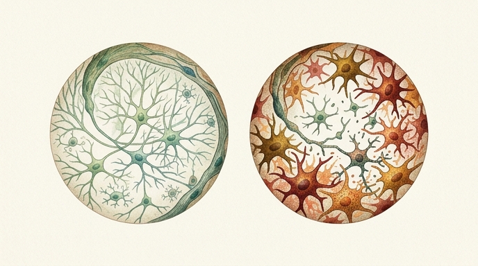 **Alt text (Spanish):**
Ilustración médica de neuronas cerebrales sanas frente a células de microglía inflamadas.