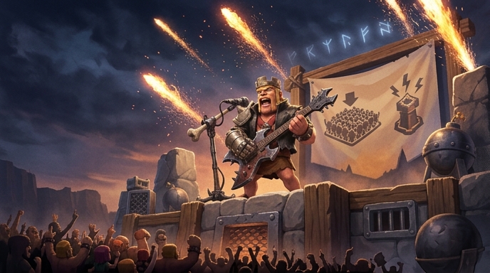 Un Rey Bárbaro roquero tocando la guitarra en un concierto de Clash of Clans con fuegos artificiales.