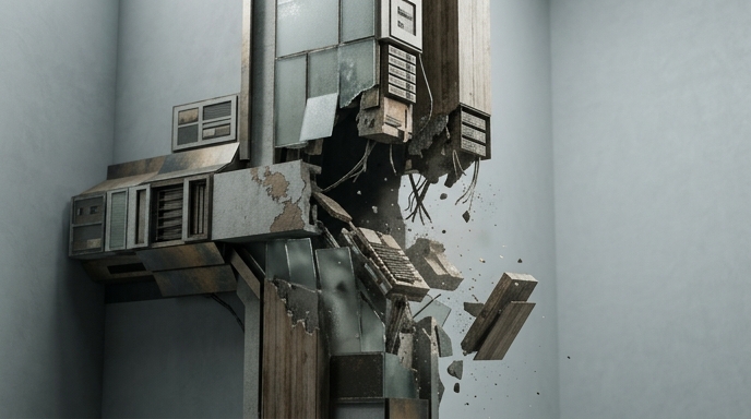 Una estructura arquitectónica modular y minimalista se derrumba y explota, con fragmentos volando en el aire.