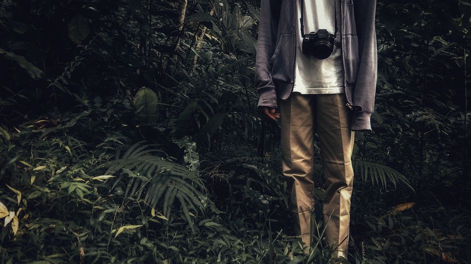 Un hombre se encuentra en un entorno de selva tropical exuberante, explorando con su cámara.
