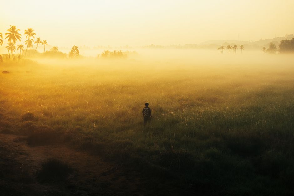 Una figura solitaria de pie en un campo rural brumoso con la luz del amanecer proyectando tonos cálidos.