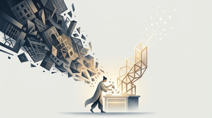 Ilustración de un artesano dando forma a un framework de IA mientras bloques caóticos se transforman en una estructura que emite estrellas.