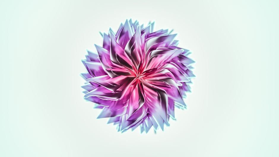 Un impresionante diseño de flor abstracta renderizado en 3D en tonos púrpuras vibrantes con forma espiral.