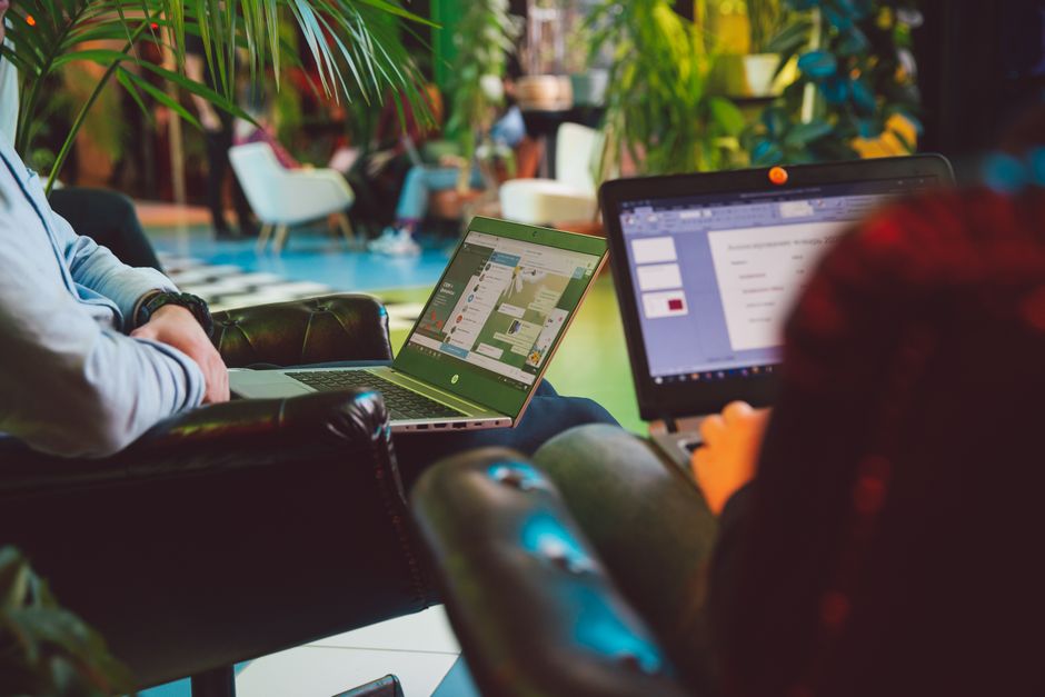 Dos individuos trabajando en laptops en un ambiente interior acogedor rodeado de plantas.