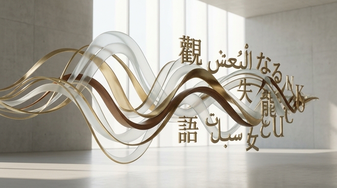 Escultura fluida de metal y vidrio representando ondas de sonido y diversos caracteres lingüísticos en un entorno elegante.