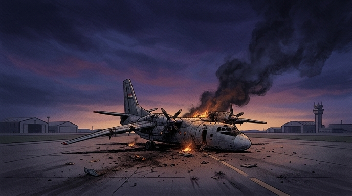 Avión de transporte militar destruido y en llamas en una base aérea iraquí al amanecer, tras un ataque con cohetes.