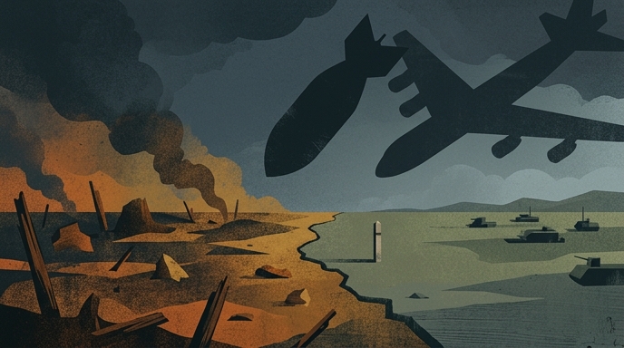 Ilustración de una zona fronteriza dividida, mostrando un paisaje devastado por bombas y humo frente a una zona militarizada.