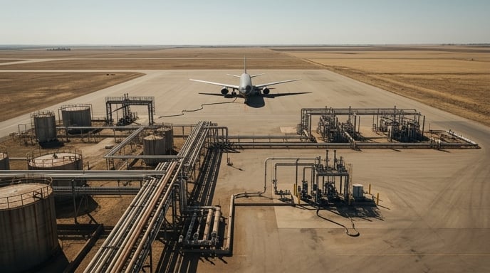 Avión comercial estacionado en una pista desierta frente a una infraestructura de combustible de aviación inactiva.