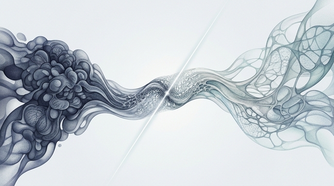 Ilustración conceptual de dos fases del agua líquida fusionándose en un punto crítico central.