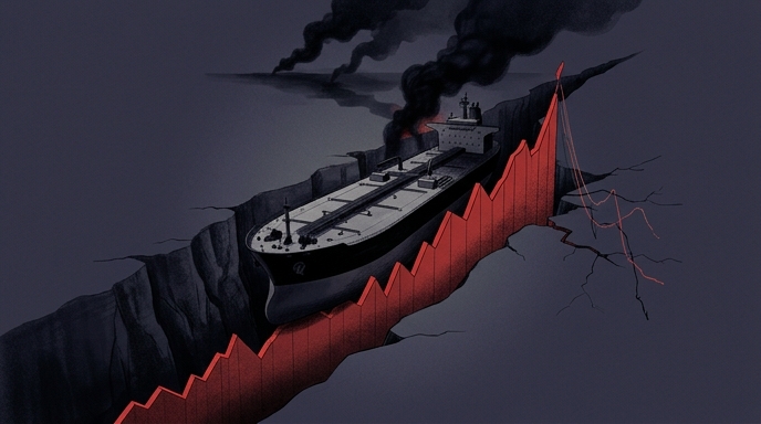 Un petrolero atrapado en una grieta mientras una gráfica roja de precios sube, simbolizando la crisis en el Estrecho de Hormuz.