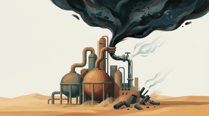 Ilustración de una refinería en el desierto con humo oscuro que contiene siluetas de barcos, representando la tensión en Oriente Medio y la interrupción del suministro.