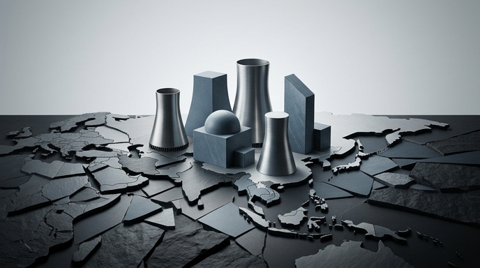 Mapa fragmentado de Asia con estructuras nucleares sólidas y pulidas emergiendo.