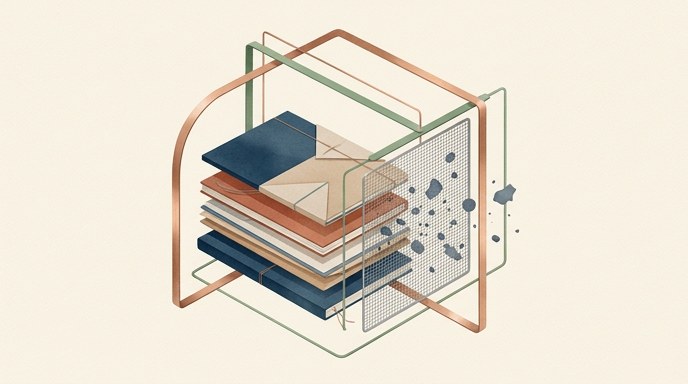 Ilustración editorial minimalista que muestra una pila de libros y documentos de IA enmarcados por estructuras geométricas de control y un filtro de malla metálica que detiene la fuga de datos.