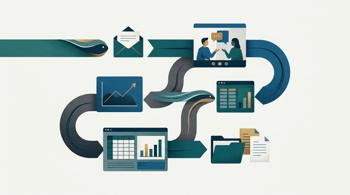 Una ilustración editorial elegante que muestra flujos de trabajo autónomos y conectados a través de varias tareas empresariales.