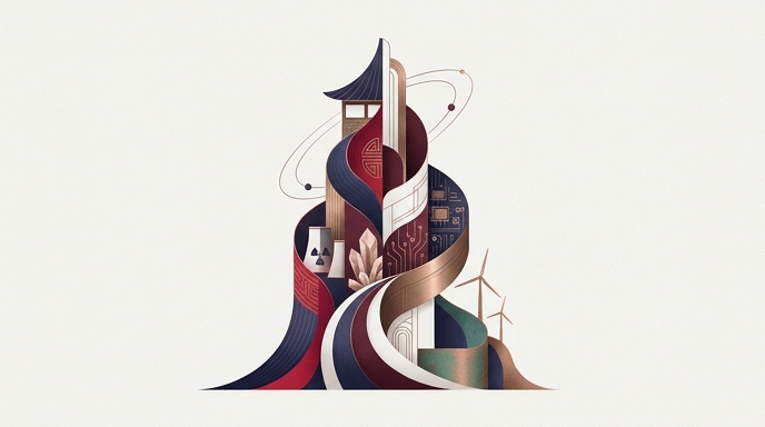 Ilustración abstracta que fusiona arquitectura coreana, energía nuclear, renovables y tecnología para simbolizar la asociación entre Corea del Sur y Francia.