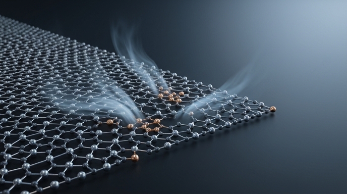 Ilustración macro de la red atómica 2D del catalizador de diselenuro de tungsteno, mostrando defectos diseñados interactuando con oxígeno.