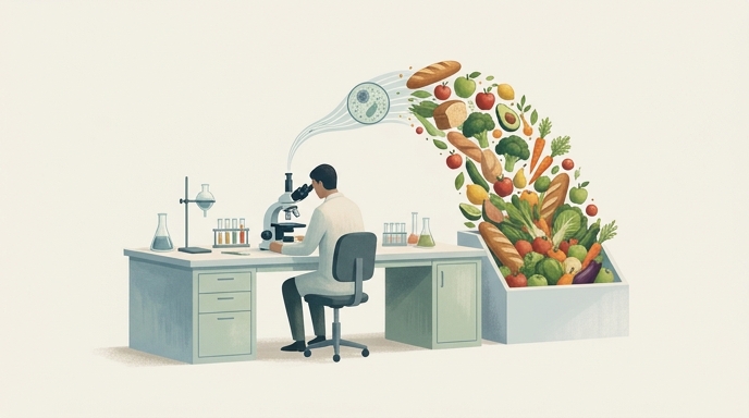 Un científico analizando patógenos en un laboratorio mientras alimentos frescos caen en un contenedor de basura.