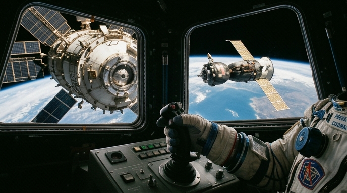 **Alt Text:** Un cosmonauta pilotea manualmente una nave de carga Progress hacia la ISS usando un joystick, visto desde la cabina.