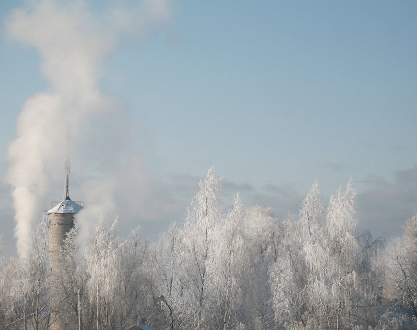 Un pintoresco paisaje invernal con árboles cubiertos de escarcha y una torre de agua humeante.