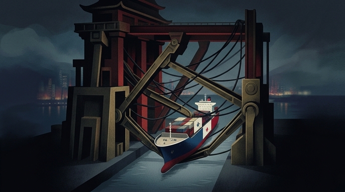 Ilustración de un buque de carga con los colores de la bandera de Panamá atrapado en una grúa portuaria de estilo pagoda china, simbolizando restricciones comerciales.