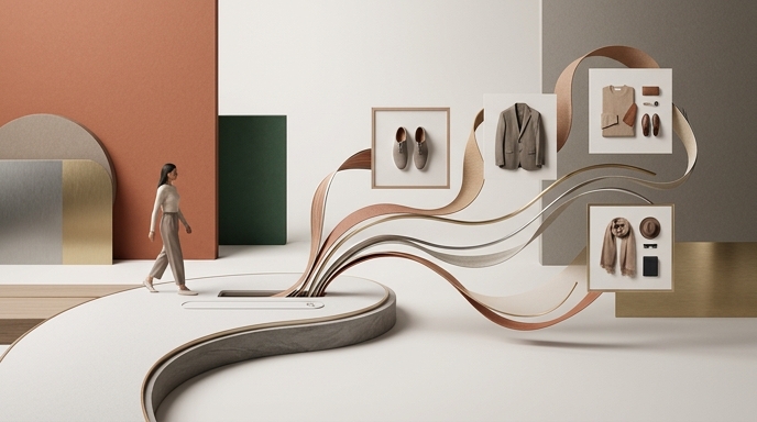 Alt Text: Una mujer camina hacia líneas fluidas que despliegan productos de moda, ilustrando el descubrimiento de productos mediante IA.