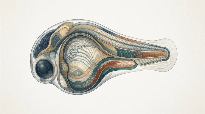 «Una ilustración editorial de un embrión de pez cebra, visualizado como un mapa de genes.»