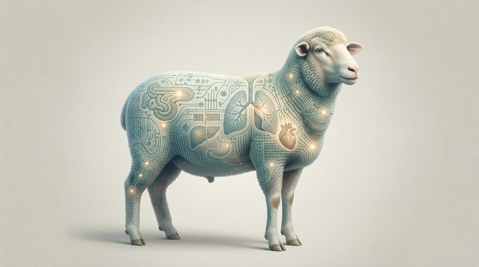 Ilustración de una oveja con mapas anatómicos y puntos de luz en sus órganos, representando la regulación genética.