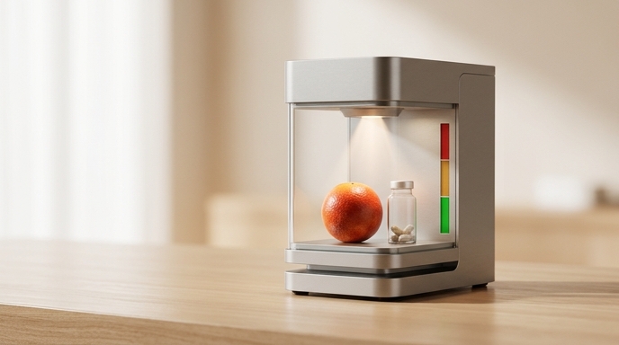 Dispositivo elegante que analiza una naranja y pastillas, mostrando una escala de riesgo de semáforo a la derecha.