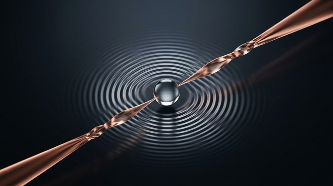 ** Nanopartícula de sílice levitando emitiendo ondas de sonido coherentes y comprimidas en un vacío.